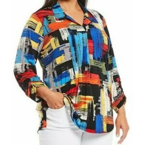 Ali Miles Multicolor Artsy Geometric Print Pullover Blouse, Size L